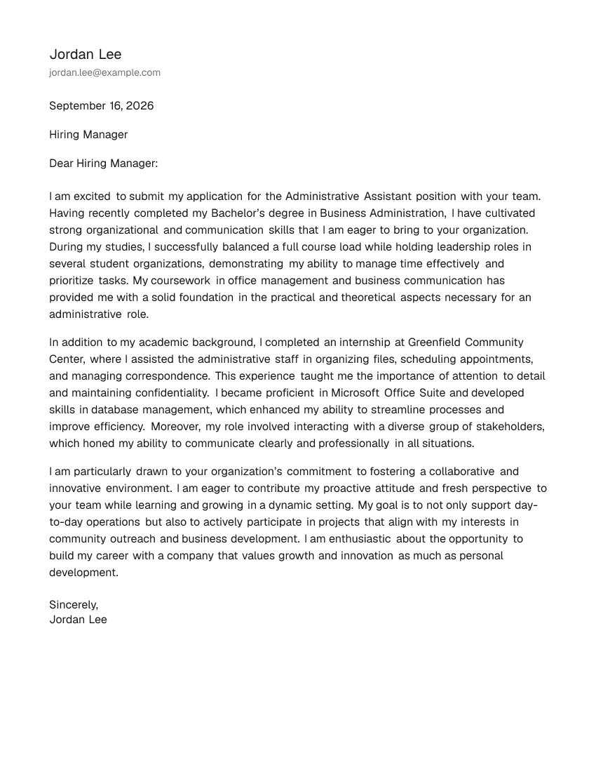Entry-Level Administrative Assistant Cover Letter Example
