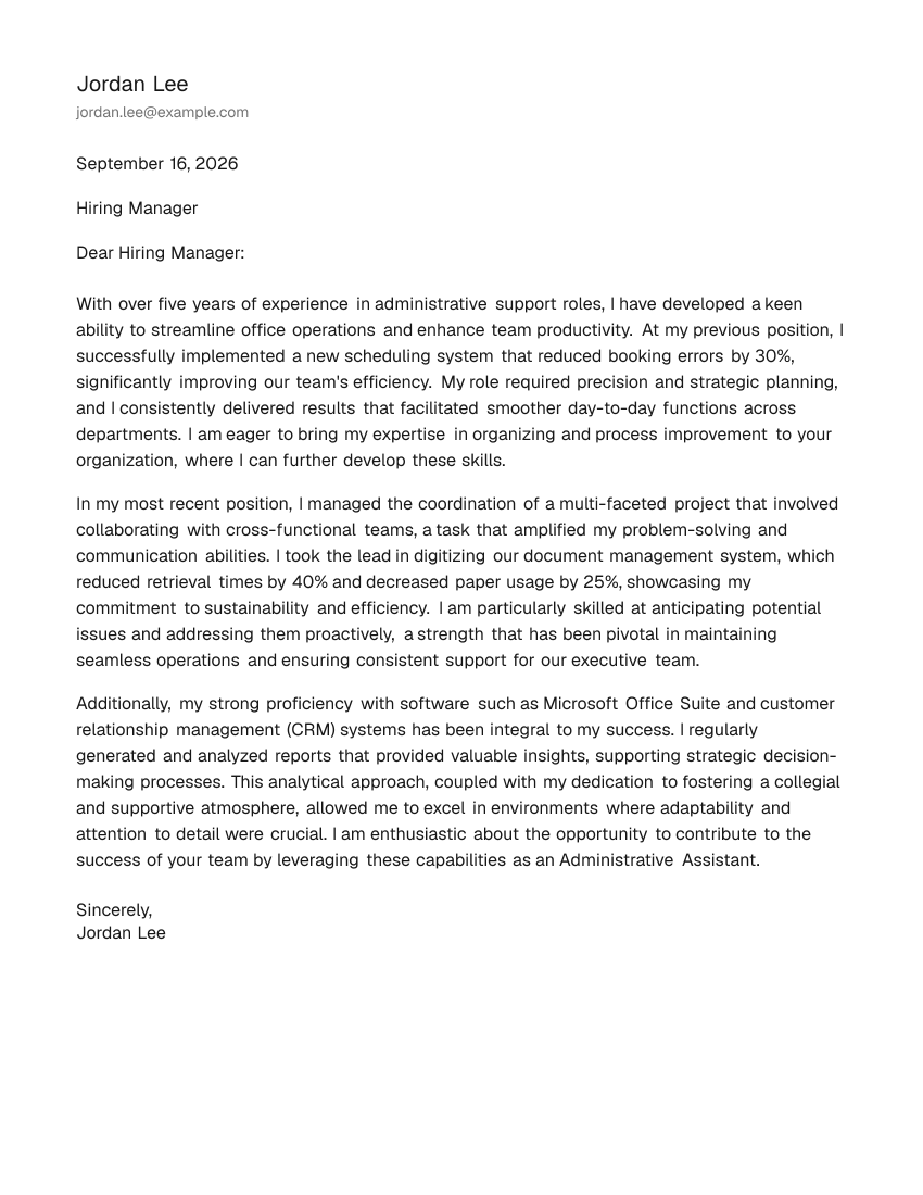 Mid-Level Administrative Assistant Cover Letter Example