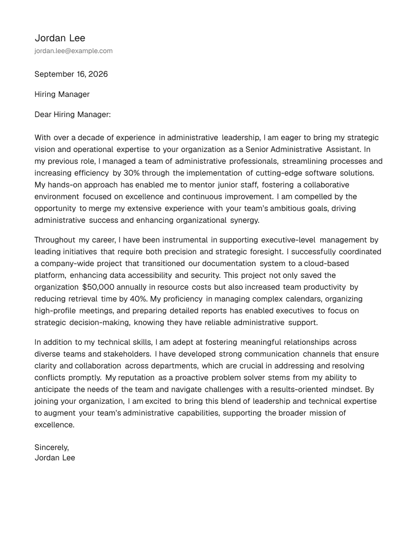 Senior-Level Administrative Assistant Cover Letter Example