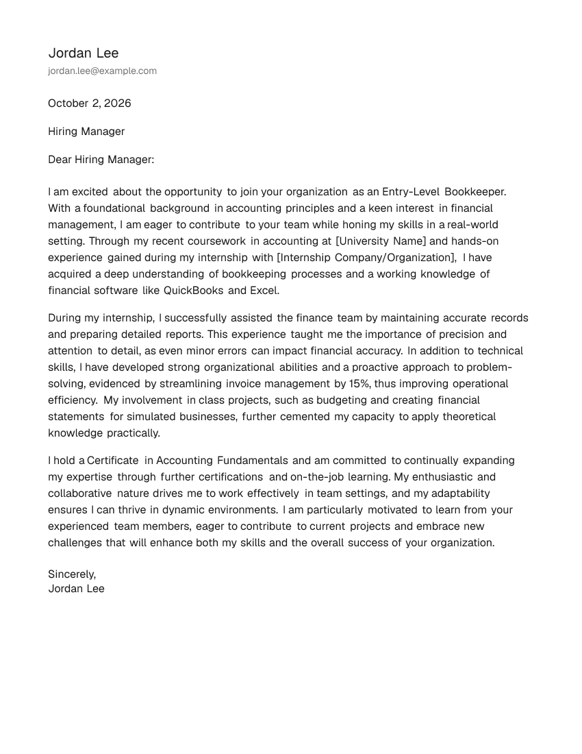Entry-Level Bookkeeper Cover Letter Example