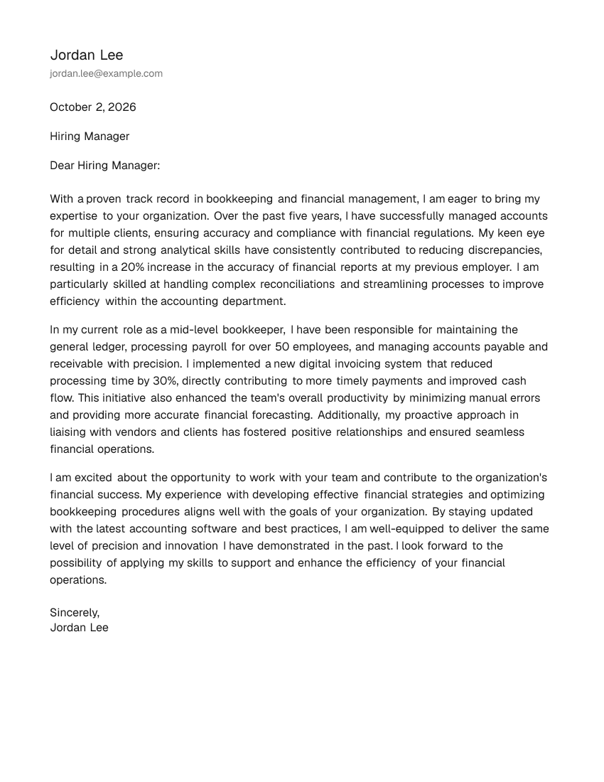 Mid-Level Bookkeeper Cover Letter Example