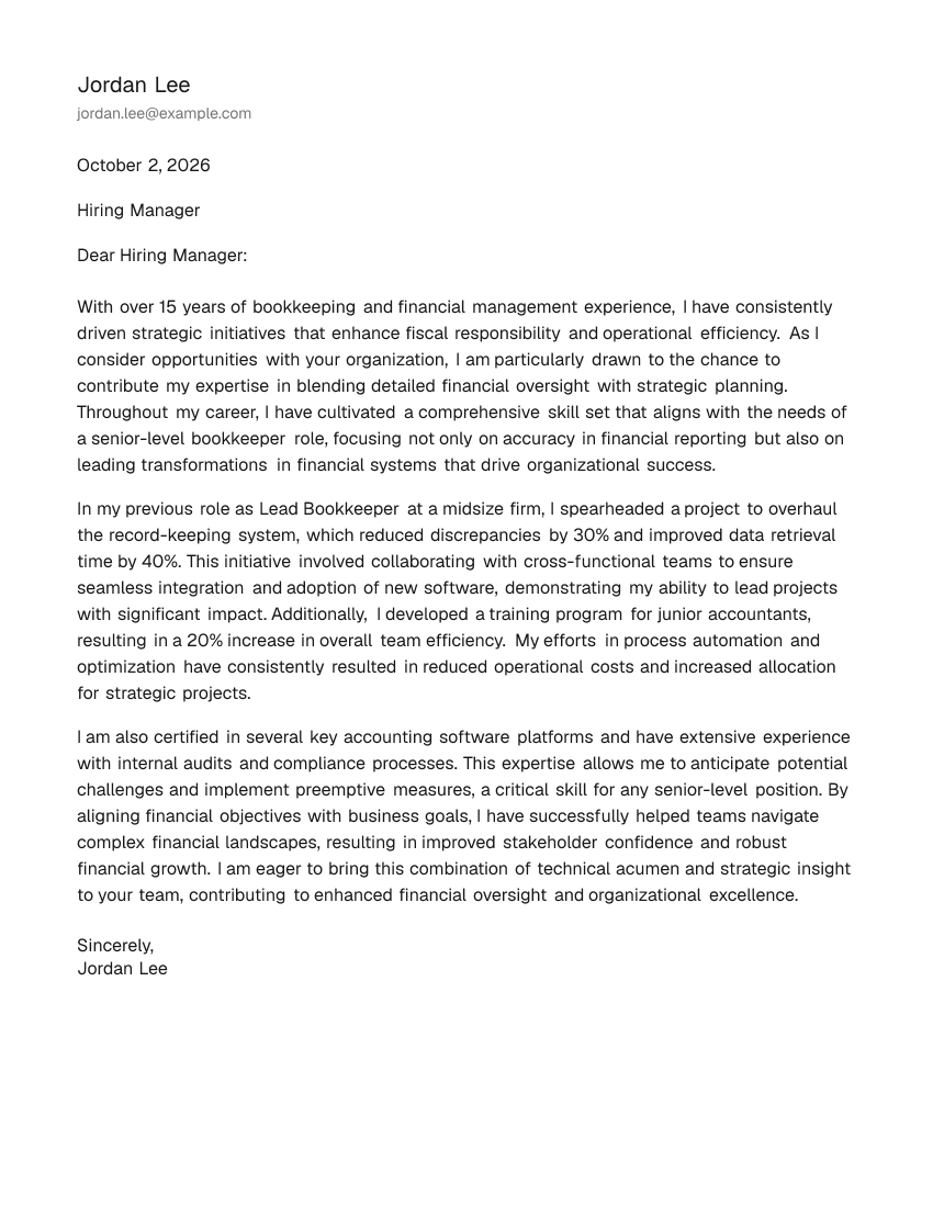 Senior-Level Bookkeeper Cover Letter Example
