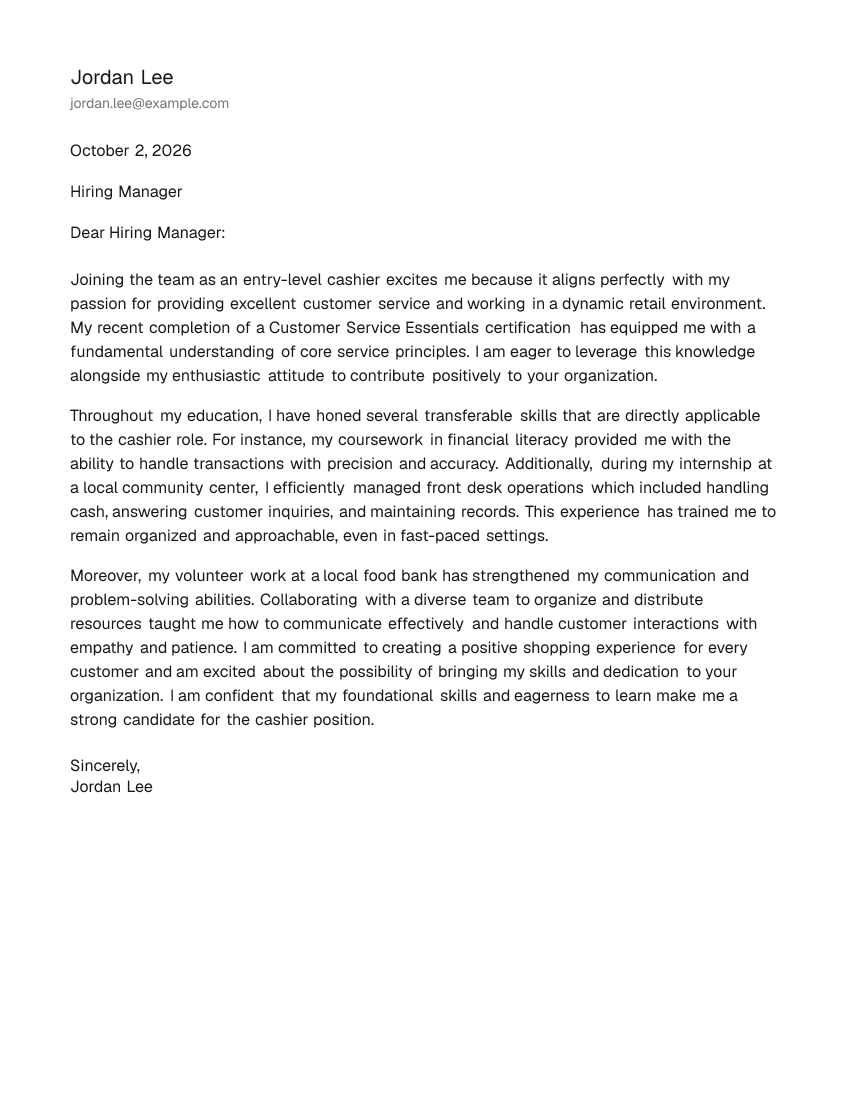 Entry-Level Cashier Cover Letter Example