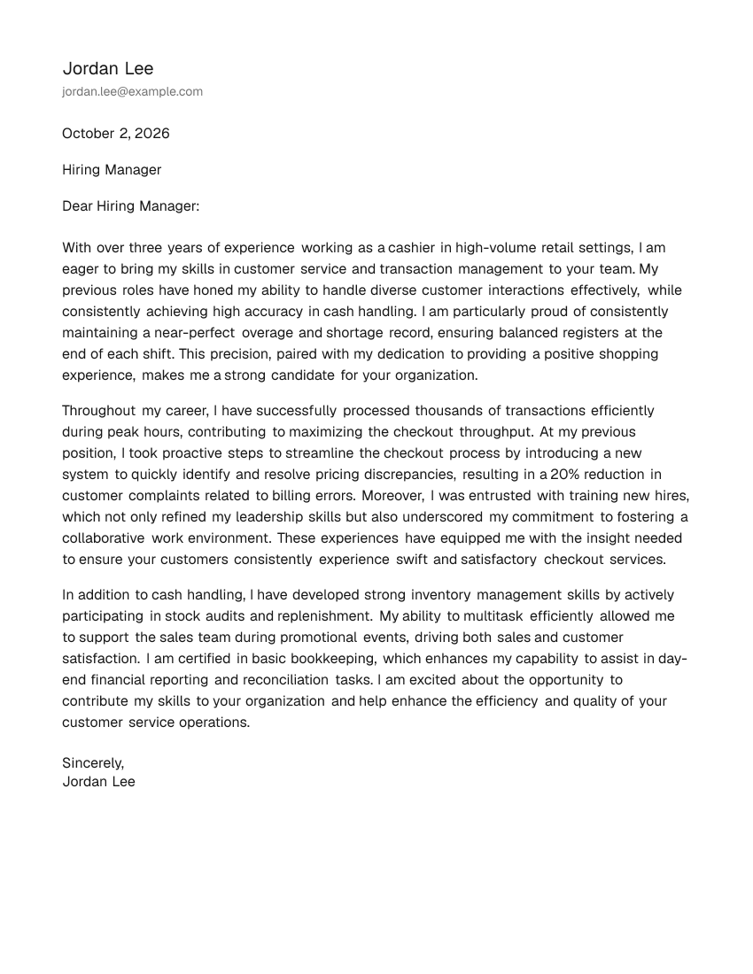 Mid-Level Cashier Cover Letter Example