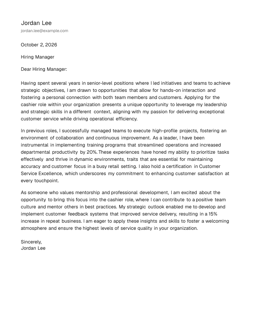 Senior-Level Cashier Cover Letter Example