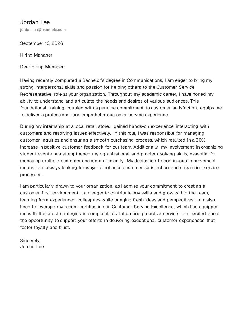 Entry-Level Customer Service Representative Cover Letter Example