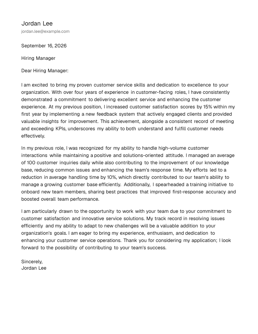 Mid-Level Customer Service Representative Cover Letter Example
