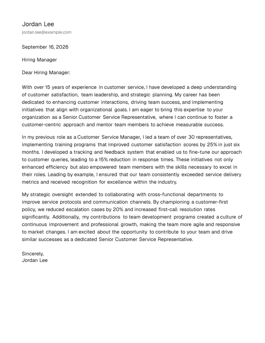 Senior-Level Customer Service Representative Cover Letter Example