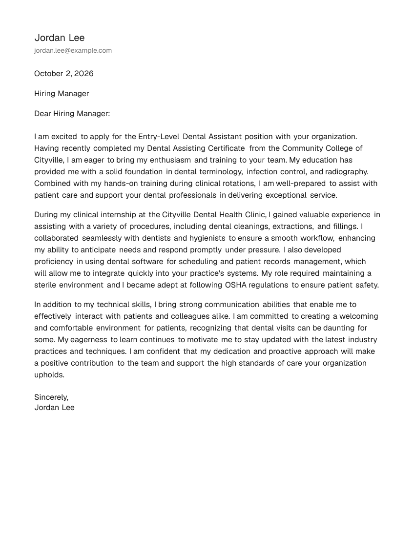 Entry-Level Dental Assistant Cover Letter Example