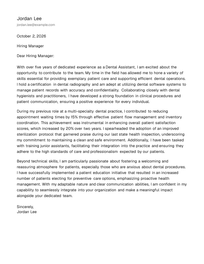 Mid-Level Dental Assistant Cover Letter Example