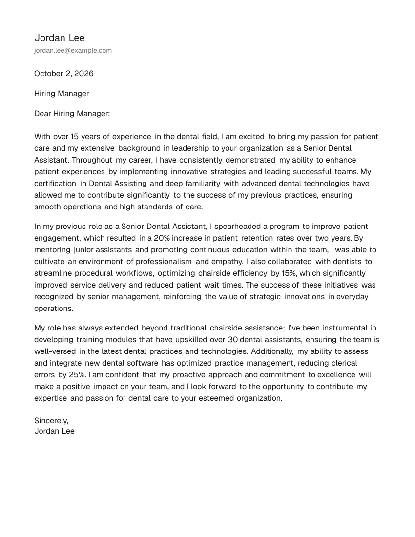 Senior-Level Dental Assistant Cover Letter Example