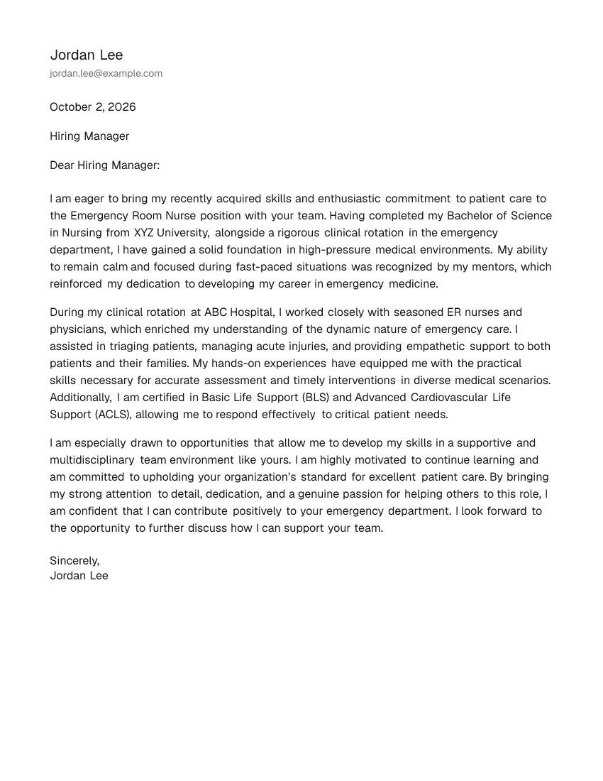 Entry-Level Emergency Room Nurse Cover Letter Example