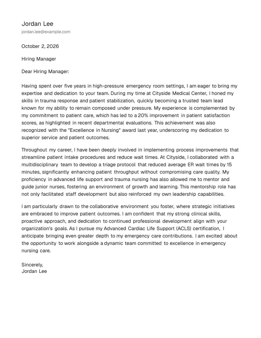 Mid-Level Emergency Room Nurse Cover Letter Example