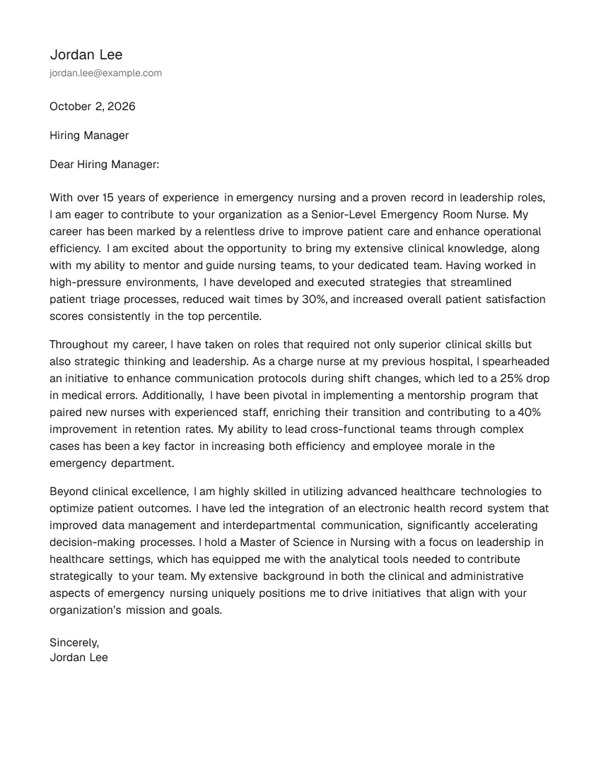 Senior-Level Emergency Room Nurse Cover Letter Example