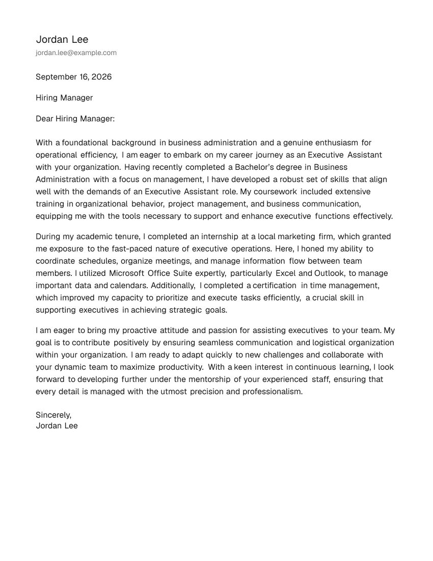 Entry-Level Executive Assistant Cover Letter Example