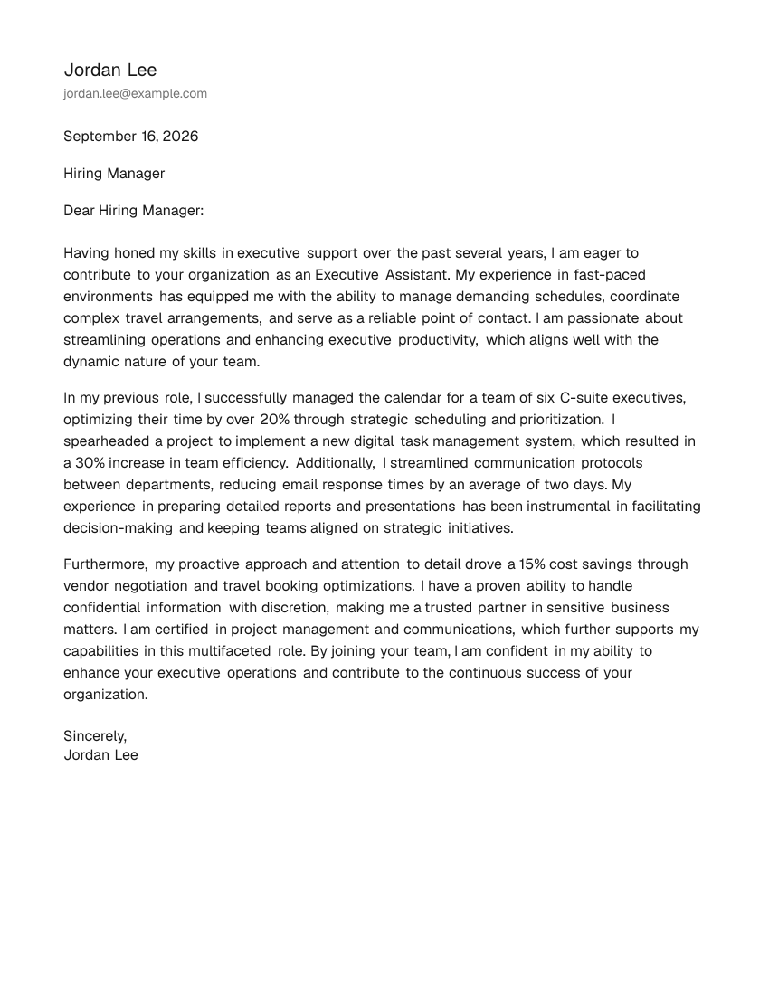 Mid-Level Executive Assistant Cover Letter Example