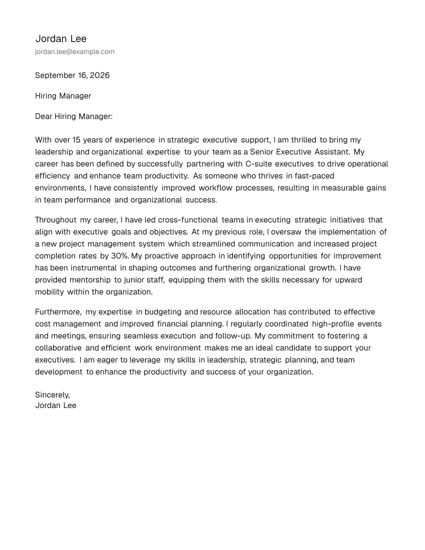 Senior-Level Executive Assistant Cover Letter Example