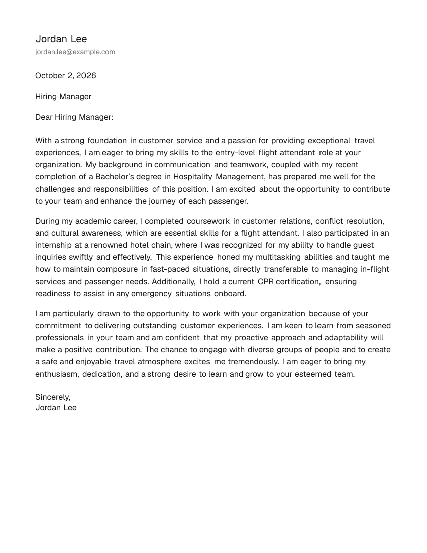 Entry-Level Flight Attendant Cover Letter Example