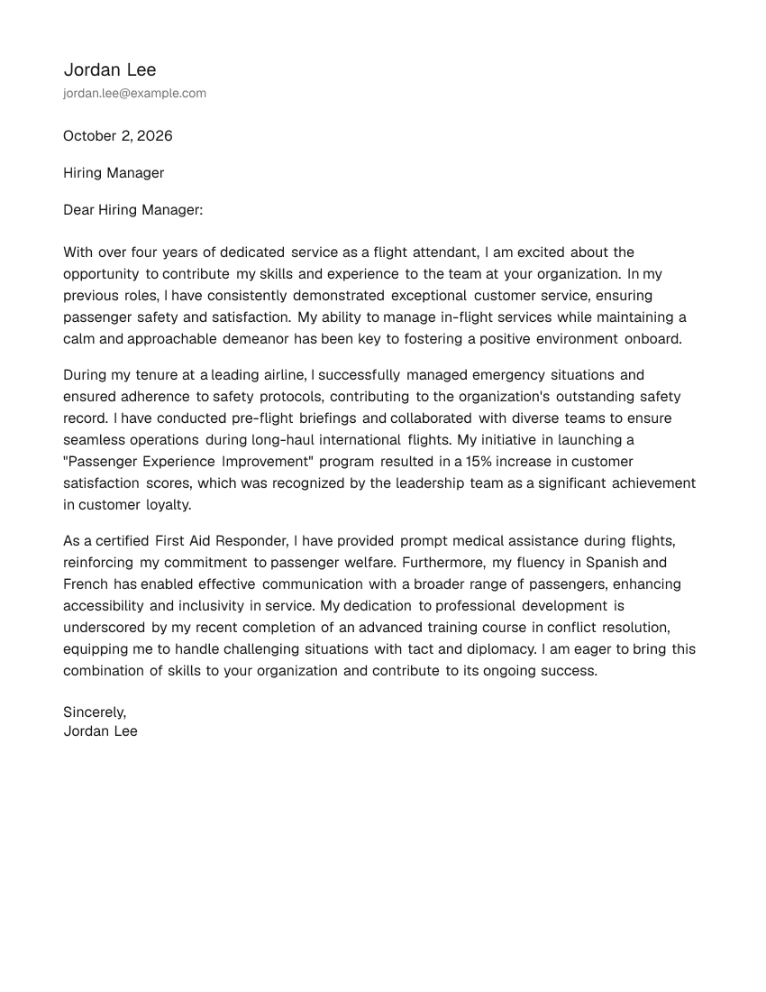 Mid-Level Flight Attendant Cover Letter Example