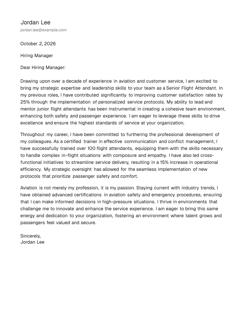 Senior-Level Flight Attendant Cover Letter Example
