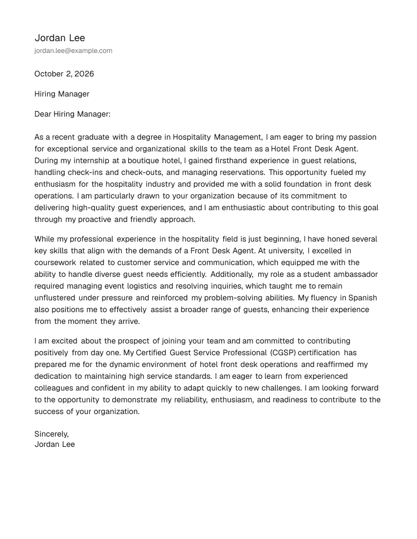 Entry-Level Hotel Front Desk Agent Cover Letter Example