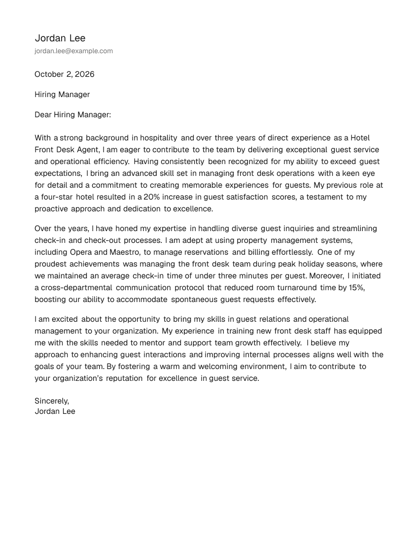 Mid-Level Hotel Front Desk Agent Cover Letter Example