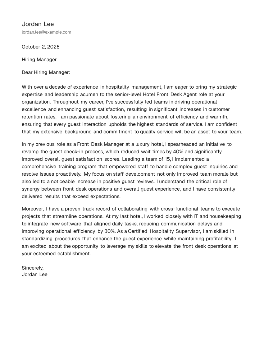Senior-Level Hotel Front Desk Agent Cover Letter Example