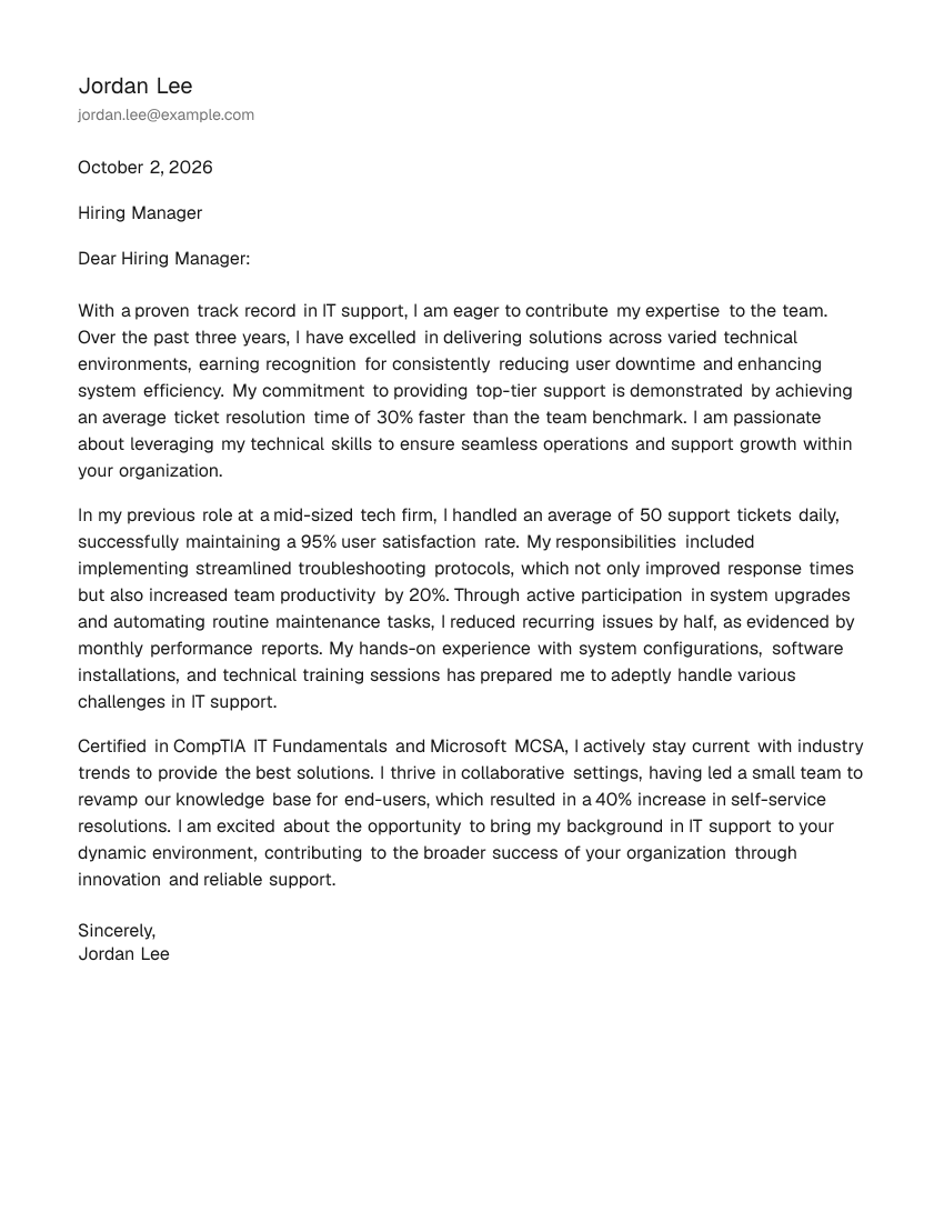 Mid-Level IT Support Specialist Cover Letter Example