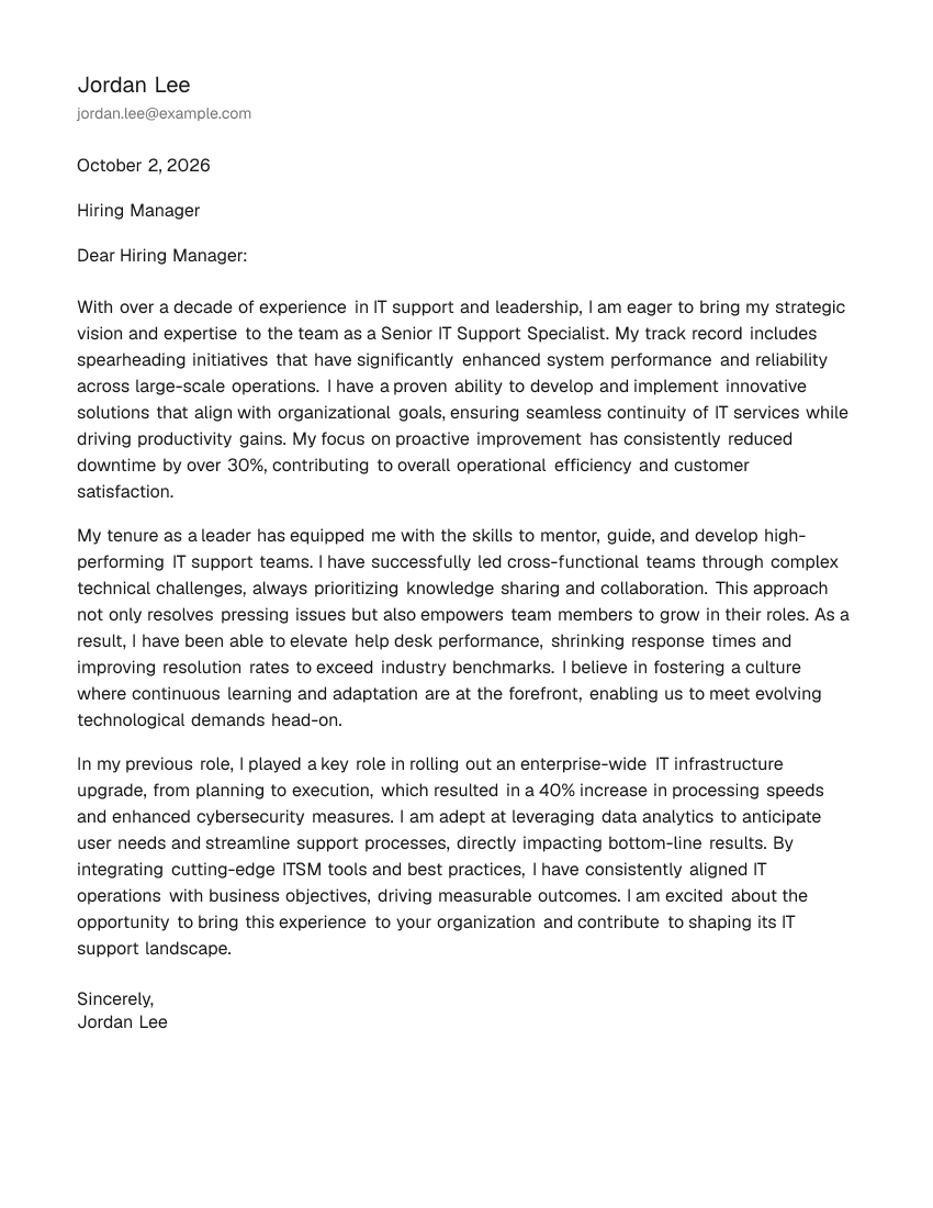 Senior-Level IT Support Specialist Cover Letter Example