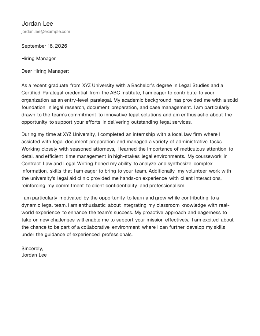 Entry-Level Paralegal Cover Letter Example