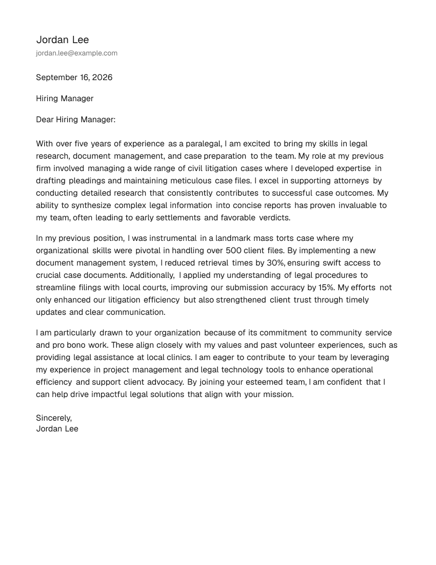 Mid-Level Paralegal Cover Letter Example