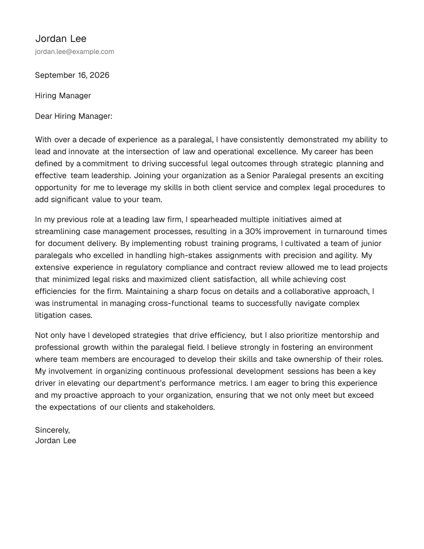 Senior-Level Paralegal Cover Letter Example