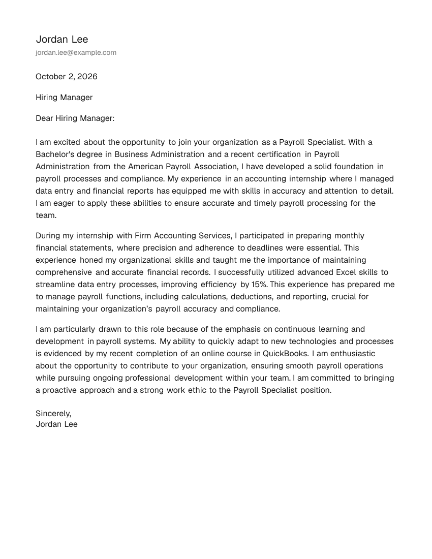 Entry-Level Payroll Specialist Cover Letter Example