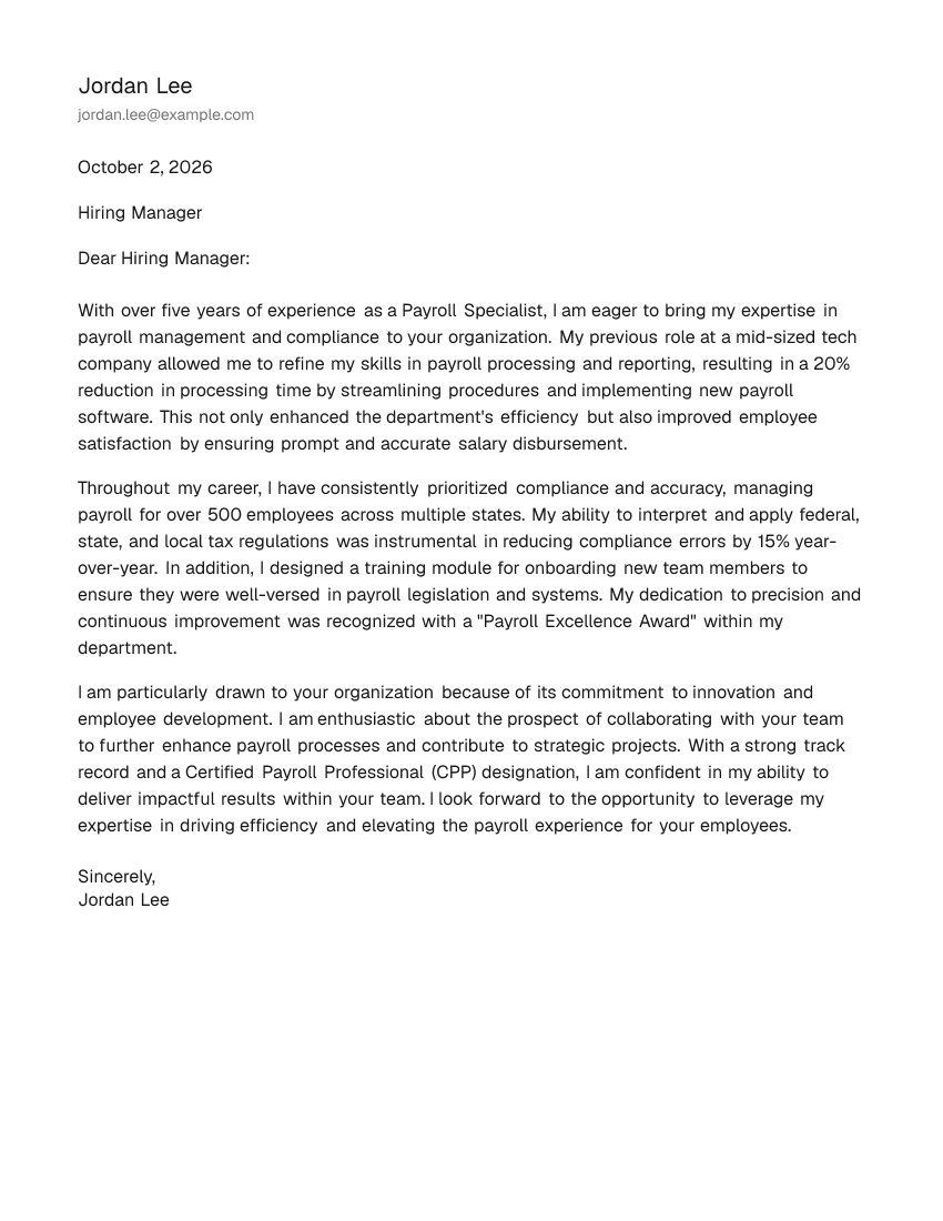 Mid-Level Payroll Specialist Cover Letter Example