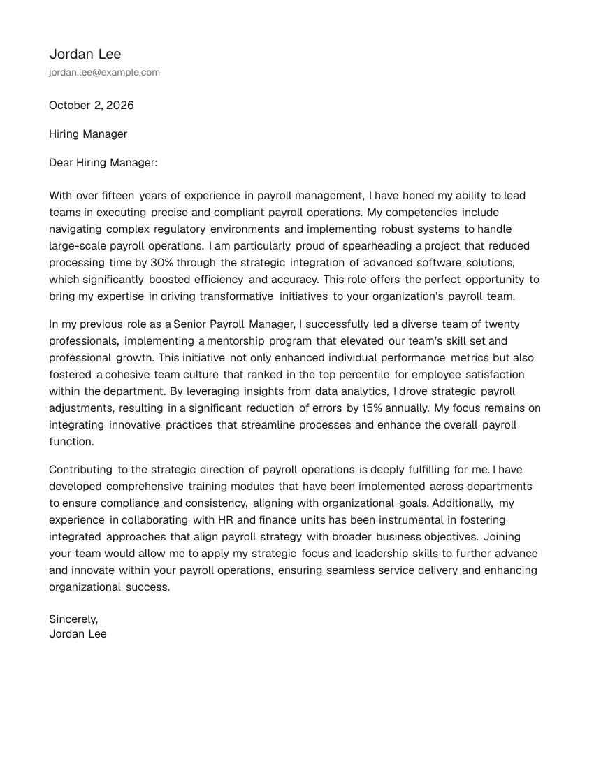 Senior-Level Payroll Specialist Cover Letter Example