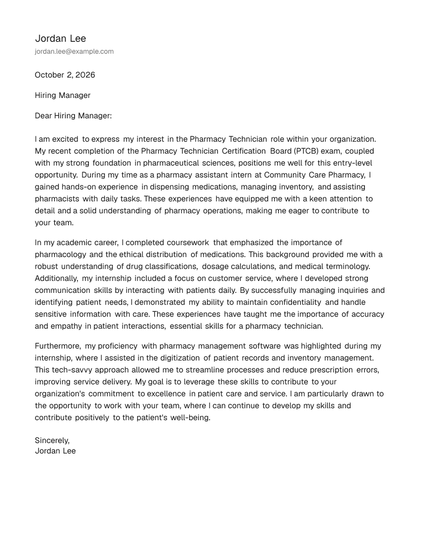 Entry-Level Pharmacy Technician Cover Letter Example