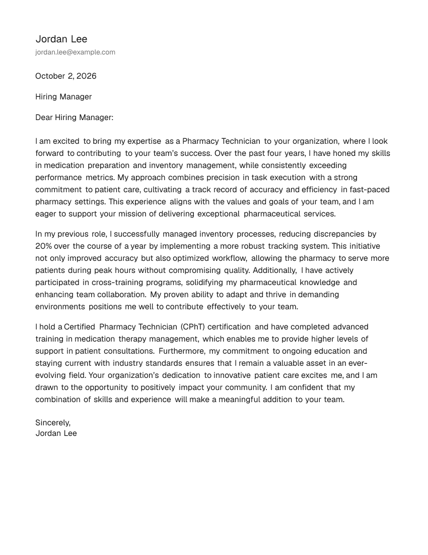 Mid-Level Pharmacy Technician Cover Letter Example