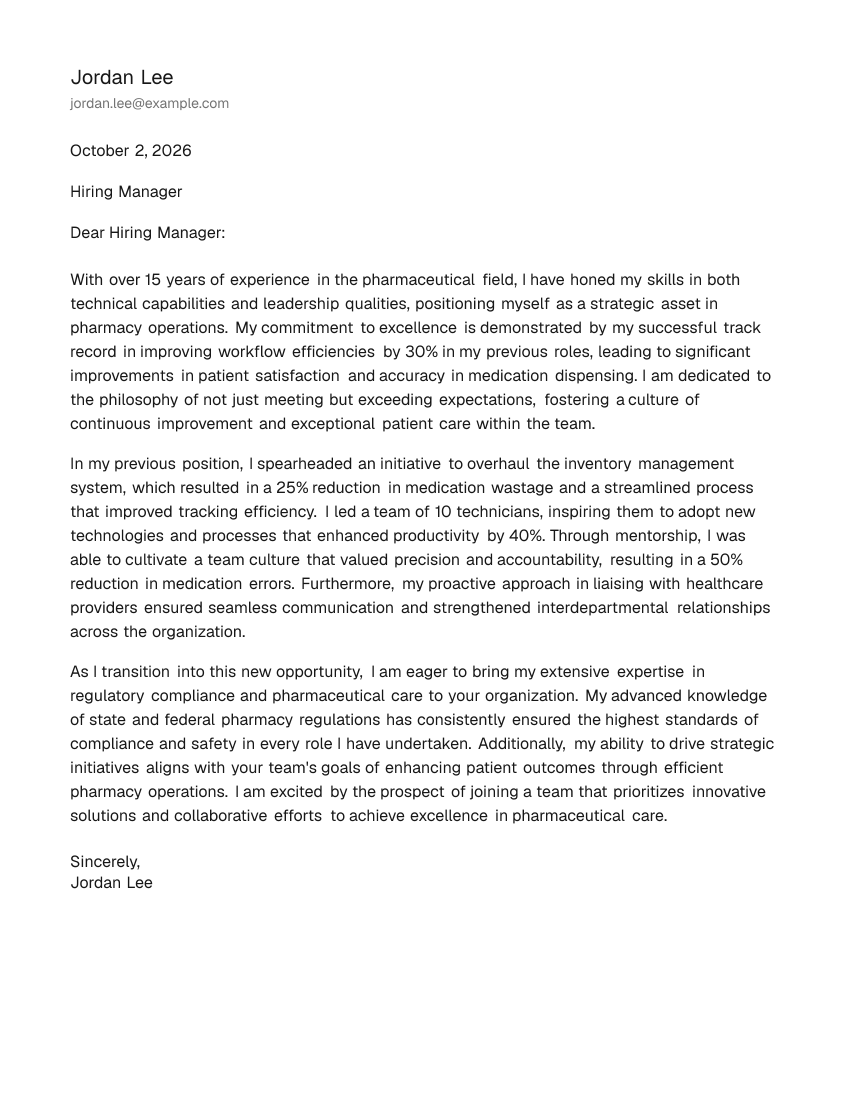 Senior-Level Pharmacy Technician Cover Letter Example