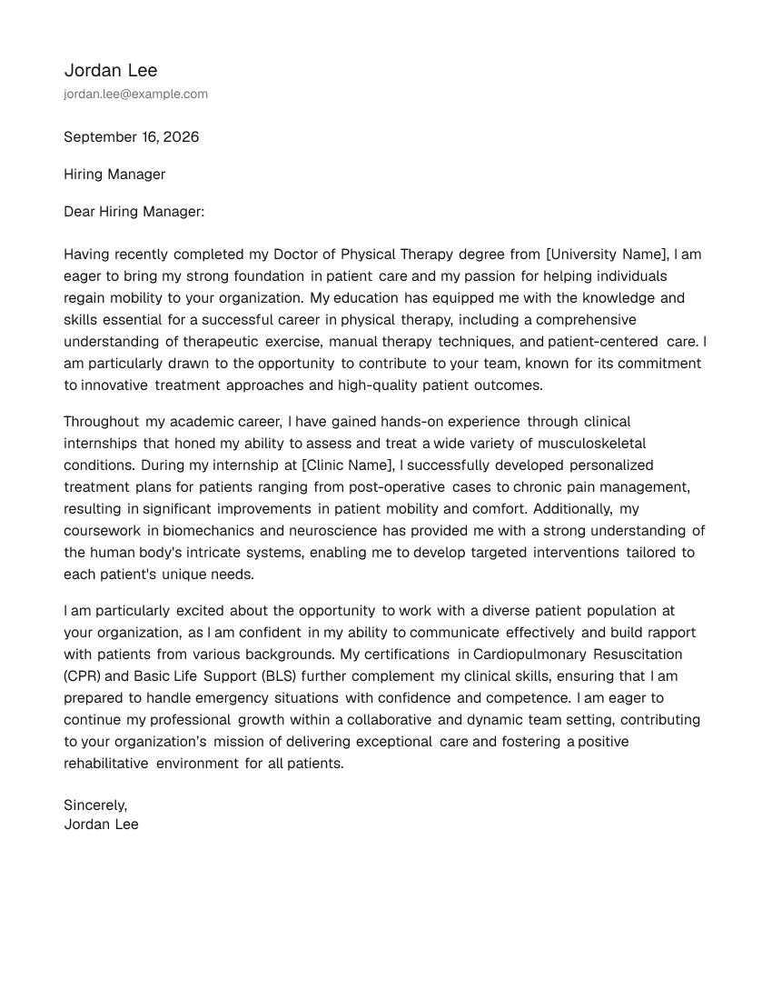 Entry-Level Physical Therapist Cover Letter Example