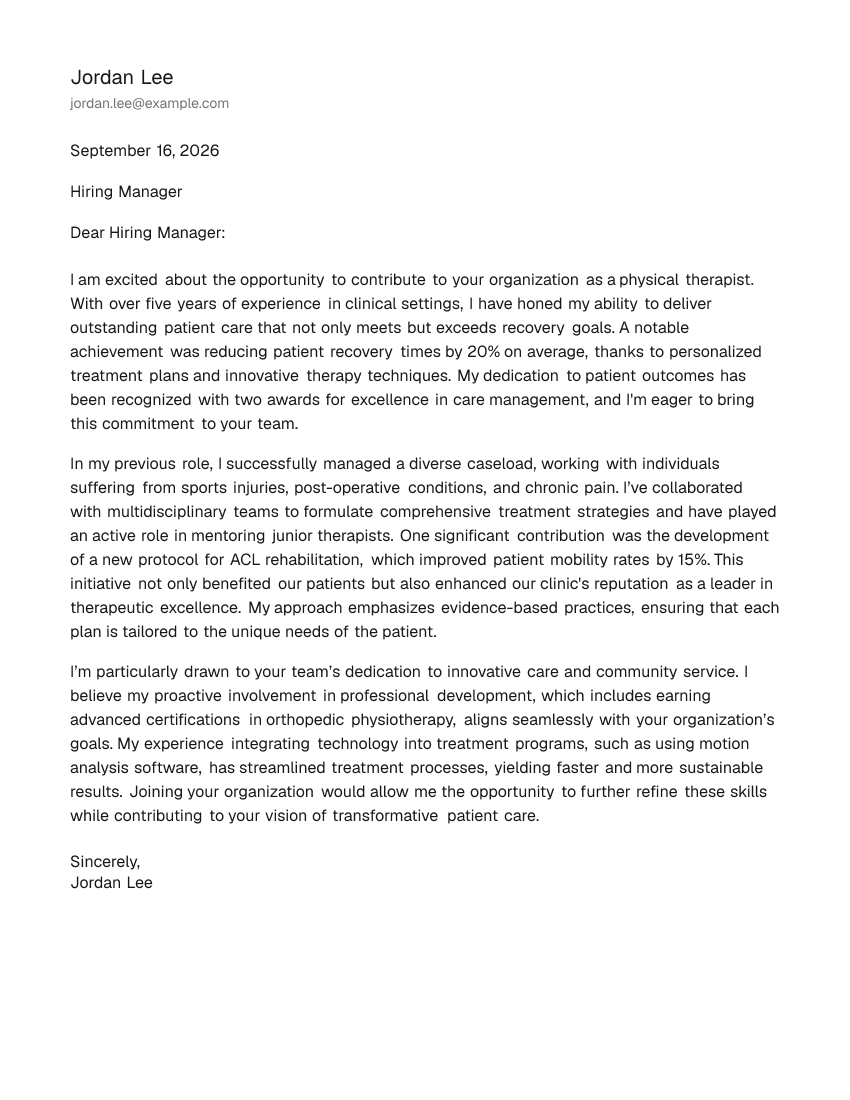 Mid-Level Physical Therapist Cover Letter Example