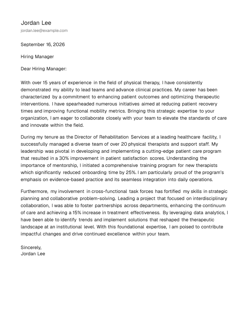 Senior-Level Physical Therapist Cover Letter Example