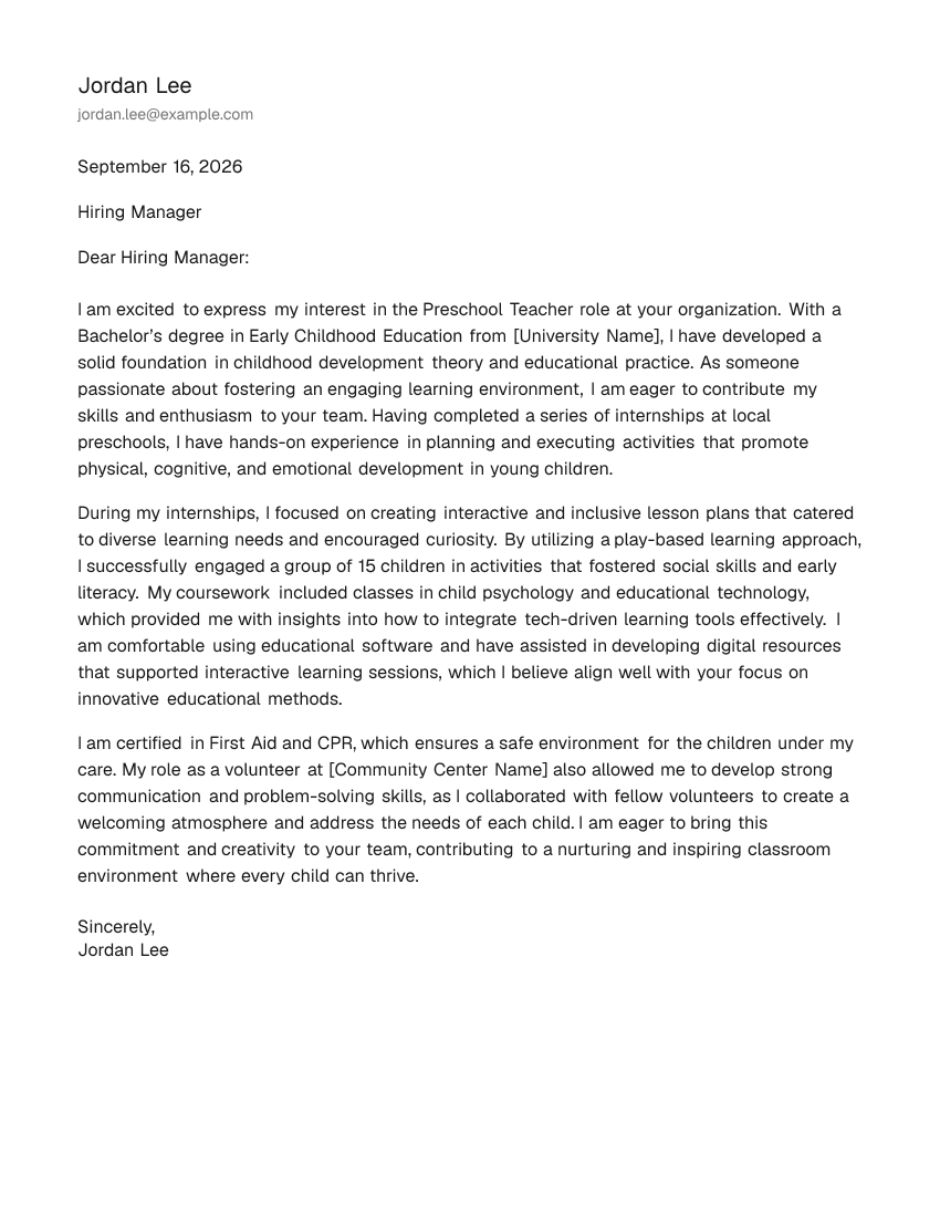Entry-Level Preschool Teacher Cover Letter Example