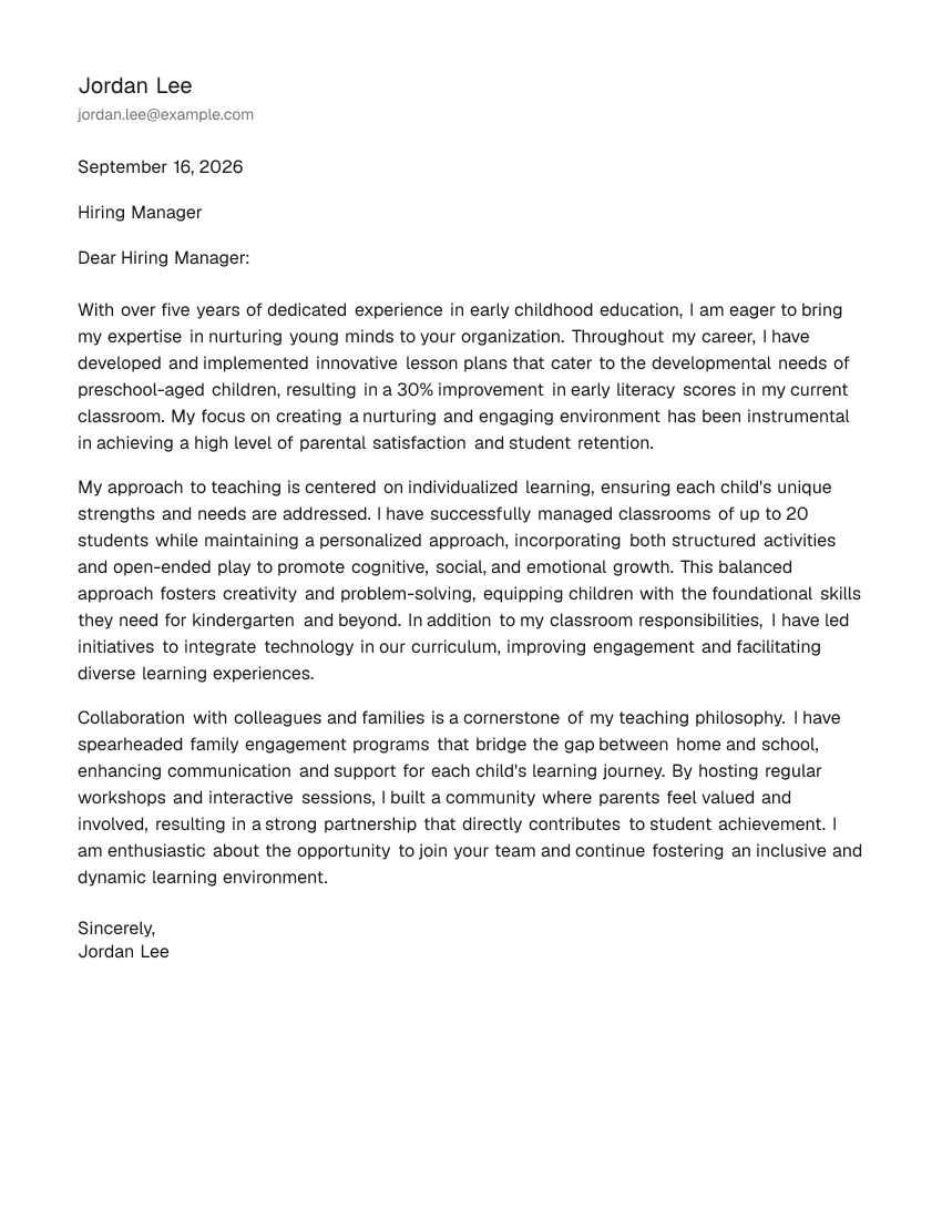 Mid-Level Preschool Teacher Cover Letter Example