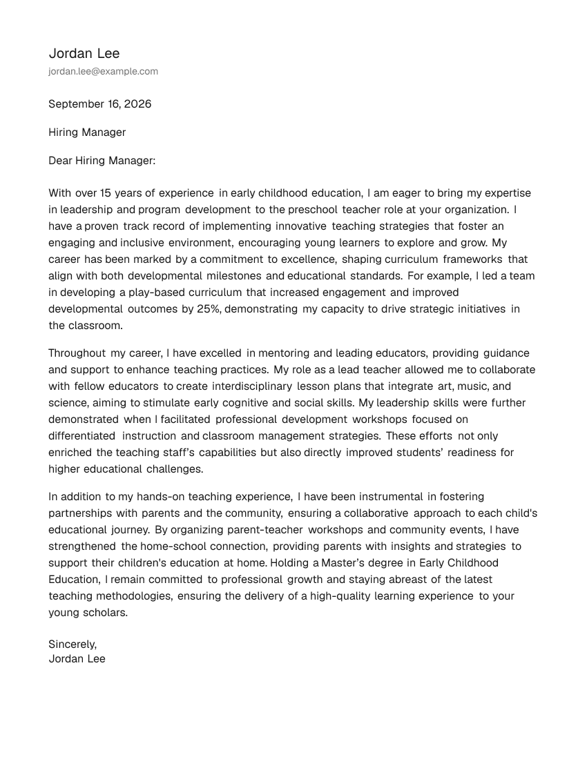 Senior-Level Preschool Teacher Cover Letter Example