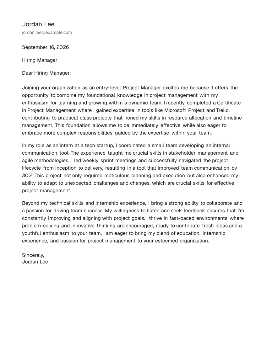 Entry-Level Project Manager Cover Letter Example