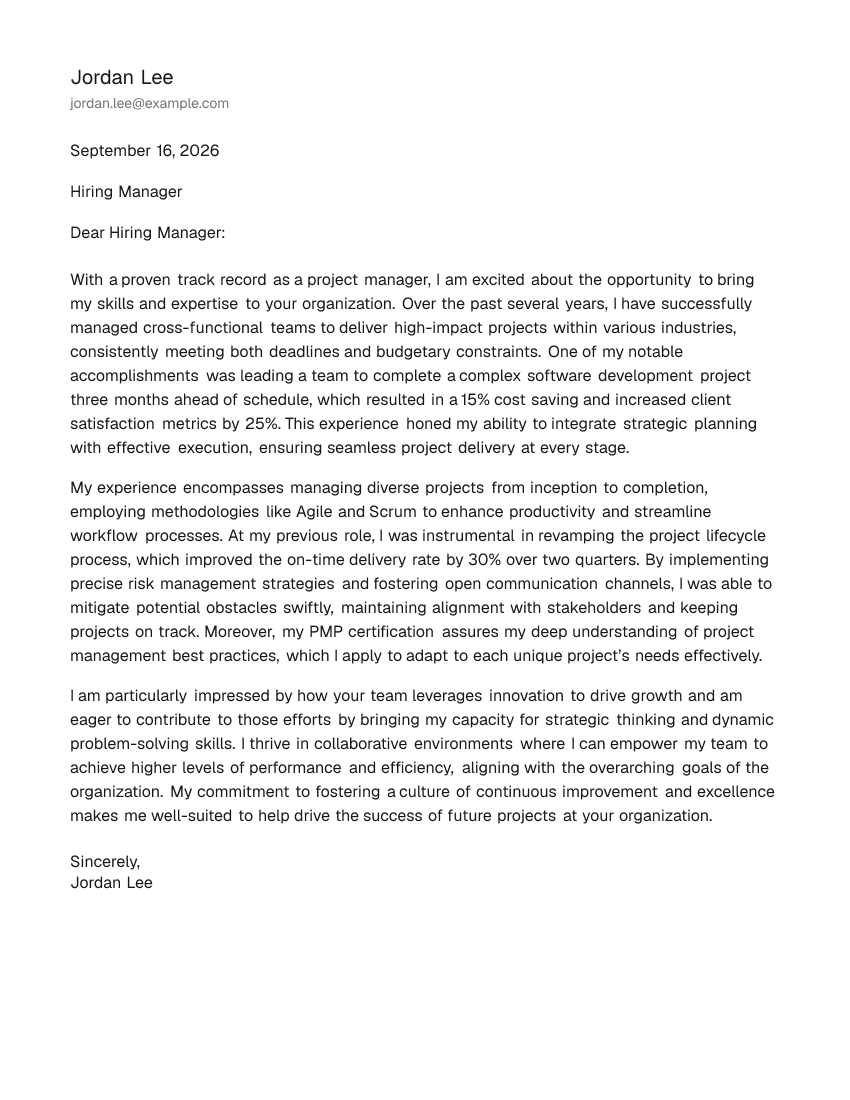 Mid-Level Project Manager Cover Letter Example