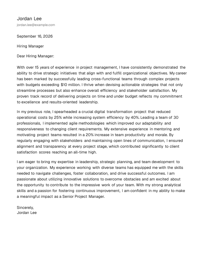 Senior-Level Project Manager Cover Letter Example