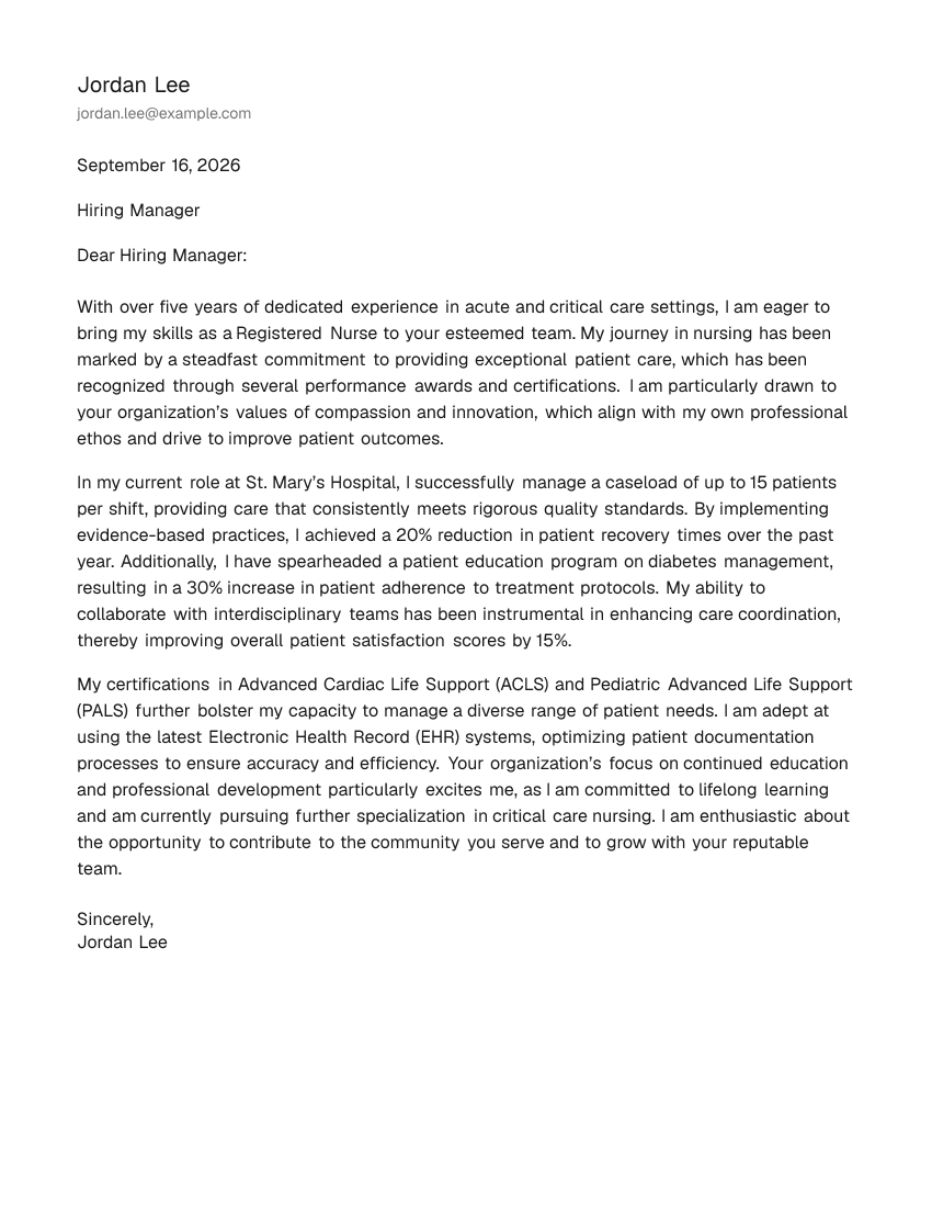 Mid-Level Registered Nurse Cover Letter Example
