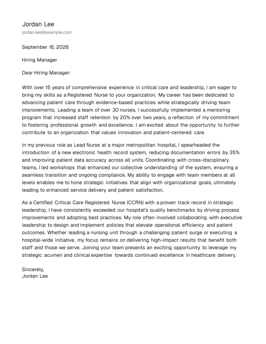 Senior-Level Registered Nurse Cover Letter Example
