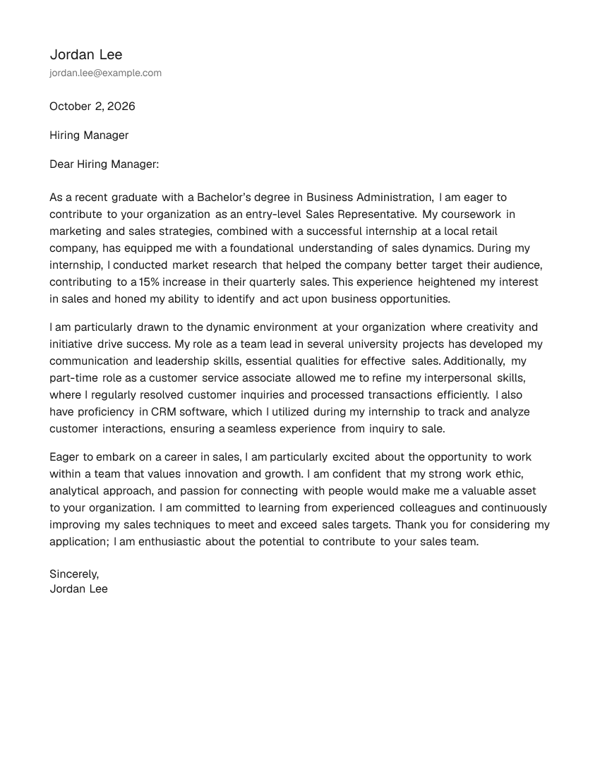 Entry-Level Sales Representative Cover Letter Example